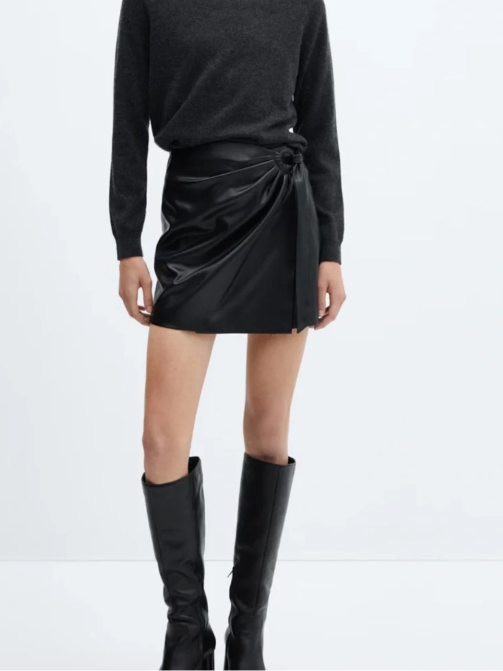 Mango Black Faux Leather Wrap Mini Skirt with Knot Detail XS